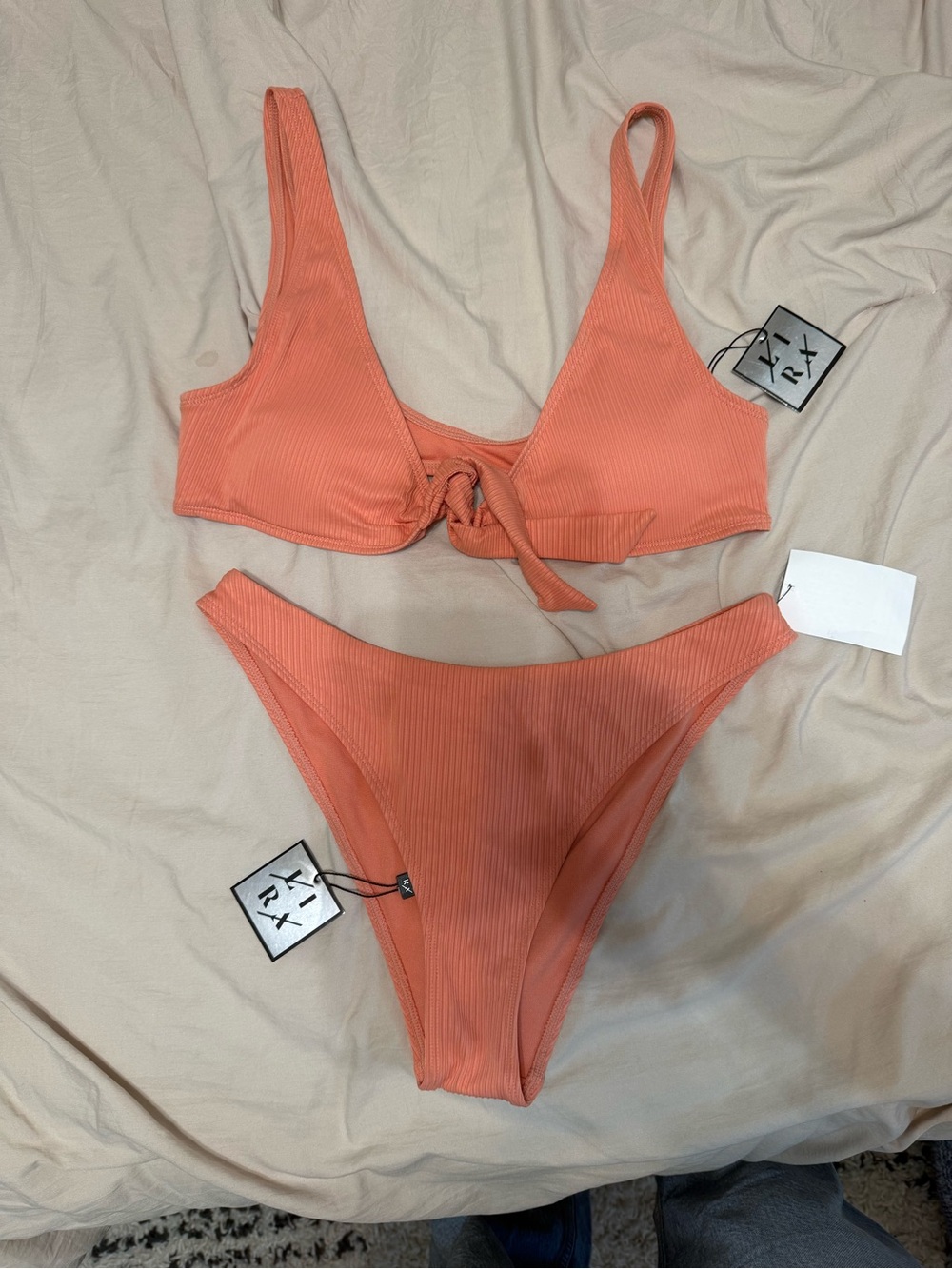 Ribbed Coral Tie-Front Bikini Set